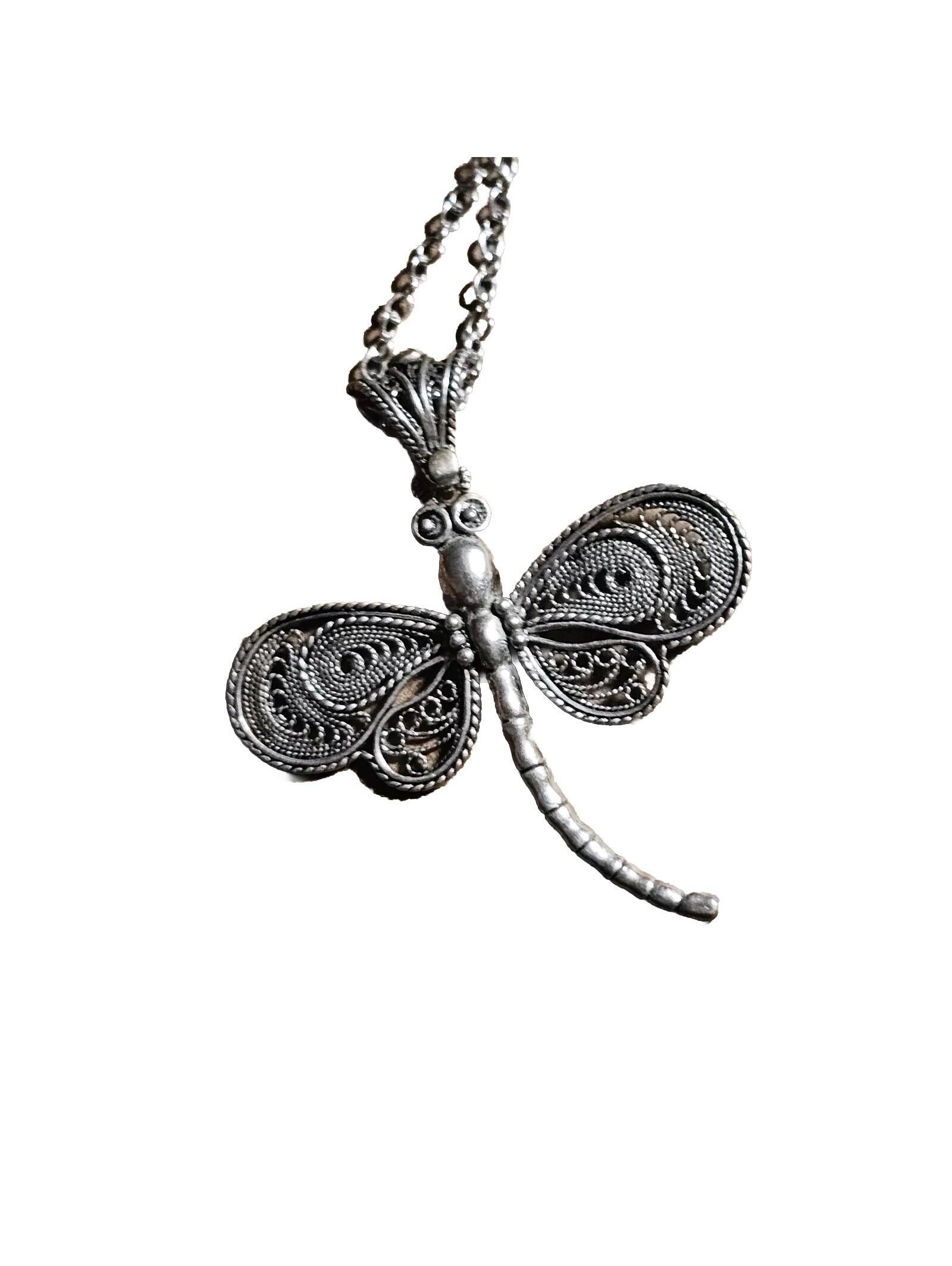 Dragonfly Necklace 925 Silver 18" Pendant 2" Filagree Turkish Summit Pot Vtg